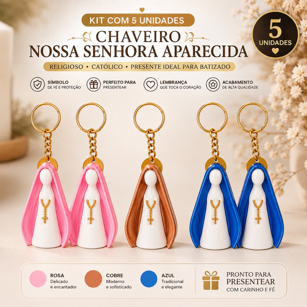 Kit Chaveiros Nossa Senhora Aparecida Presente Religioso Católico para Batizado Primeira Comunhão e Crisma