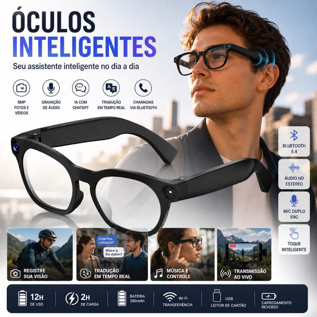 Óculos Inteligente AI ChatGPT Câmera 8MP Vídeo Gravação Bluetooth 5.4 Tradução Tempo Real Áudio Estéreo