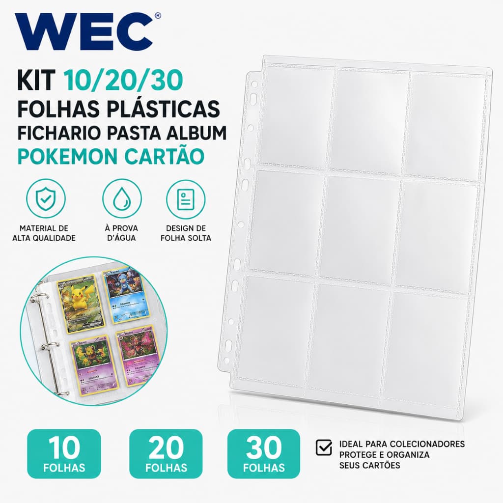 Kit 10/20/30 Folhas Plásticas Fichario Pasta Album Pokemon Cartão
