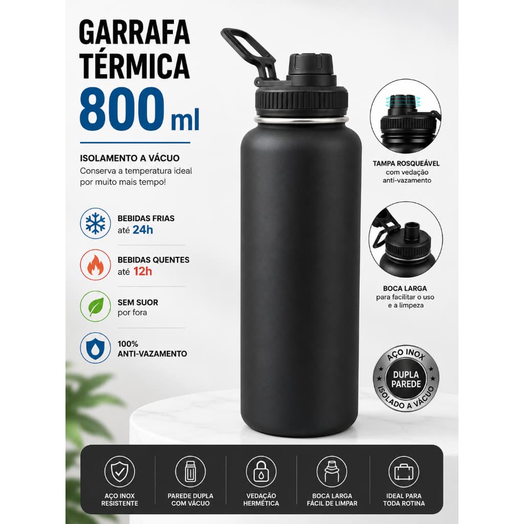 Garrafa Térmica 800ml Aço Inox Parede Dupla Isolamento a Vácuo Anti Vazamento para Água Café Academia