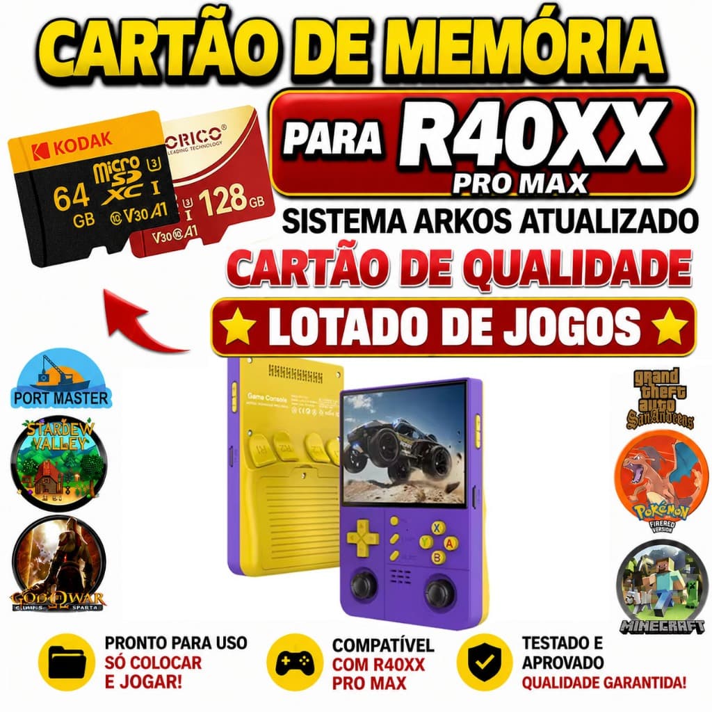 Cartão de Memória para R40XX Pro Max Micro SD 64GB / 128GB Original + Jogos com Sistema ARKOS Atualizado - R36S
