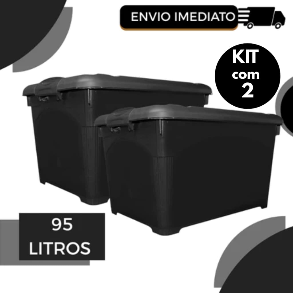 Kit com 2 Caixas Organizadoras 95 Litros com Tampa, Travas de Segurança e Rodinhas  Multiuso Resistente