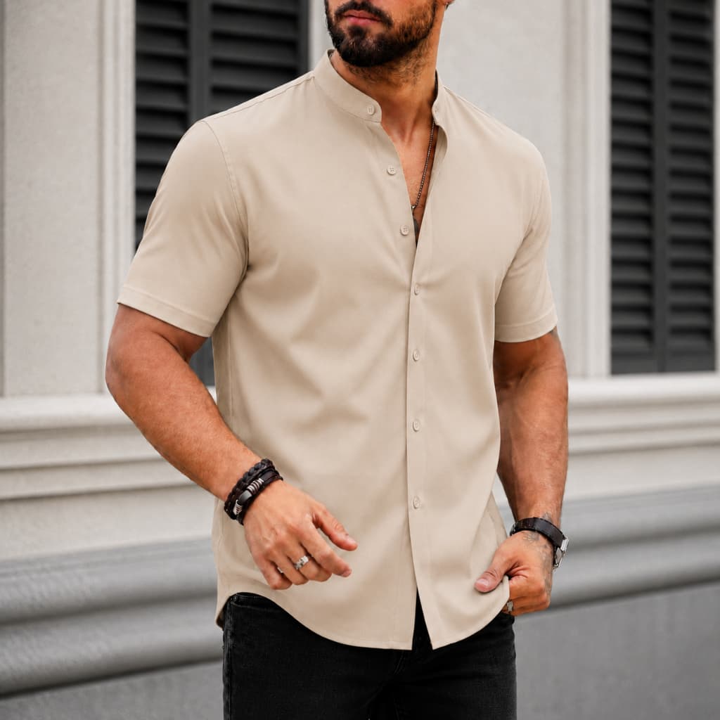 Camisa Masculina Gola Padre Em Linho