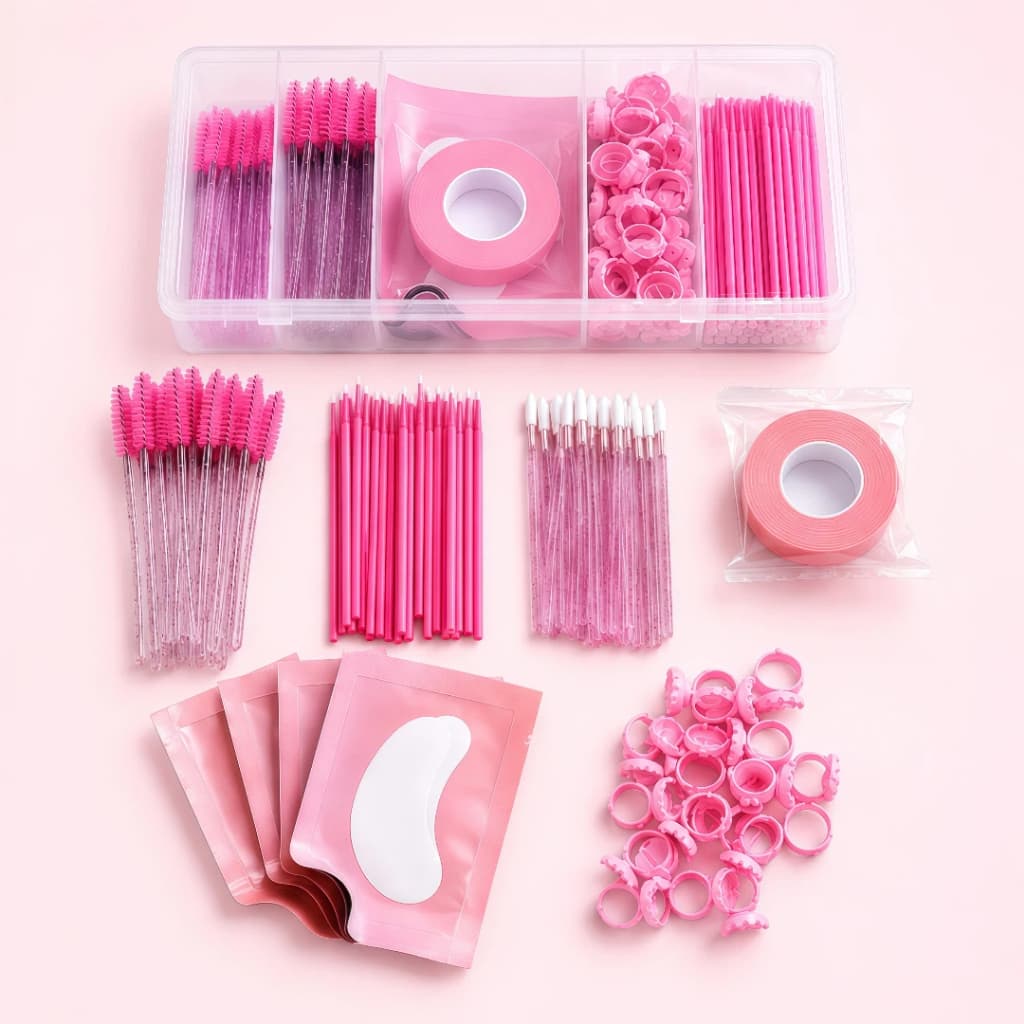 Kit Extensão de Cílios Estojo 5 Divisórias c/ Fita, Pad Gel, Escovinha, Anel, Microbrush e Aplicadores