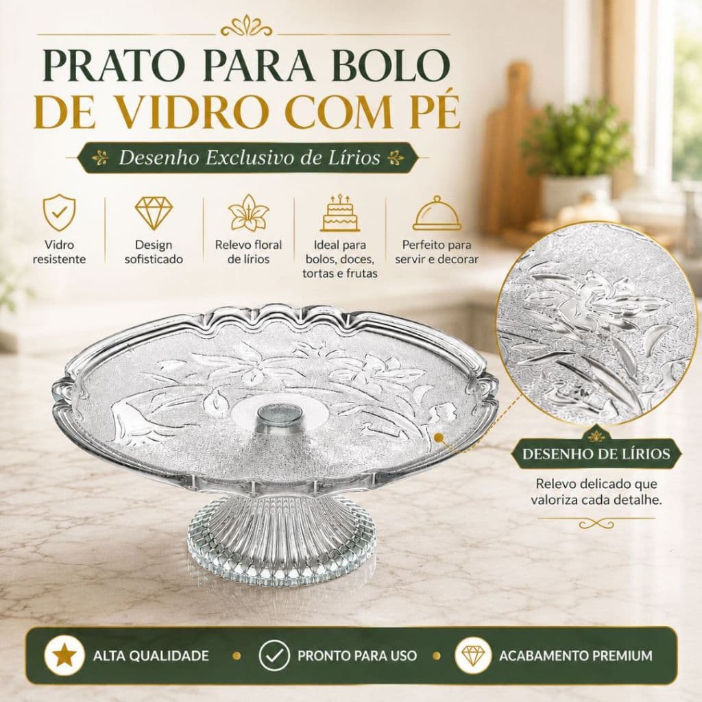 Prato para Bolo de Vidro com Pé Boleira de Vidro Porta Bolo Centro de Mesa Decorativo