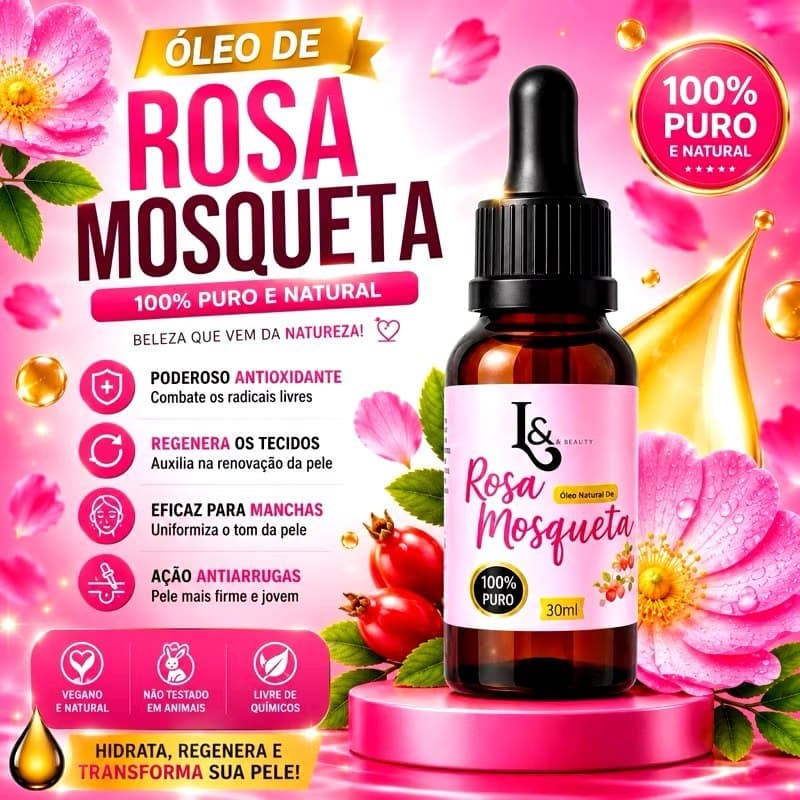 Óleo De Rosa Mosqueta 100% Puro L&Beauty 30ml Clareador Tira Manchas Antirrugas Linhas de Expressão