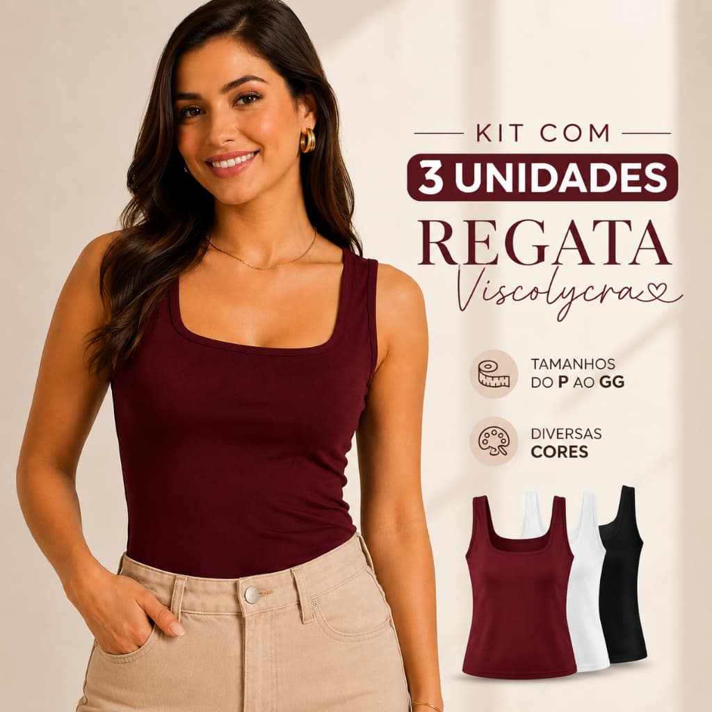 Kit 3 Blusas Regata Feminina Gola Quadrada Básica Casual Leve Confortável Moda Feminina