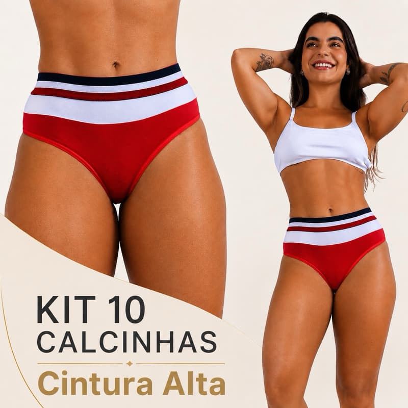 Kit 10 Calcinhas Cintura Alta Tanga Feminina Forro Algodão Cós Reforçado