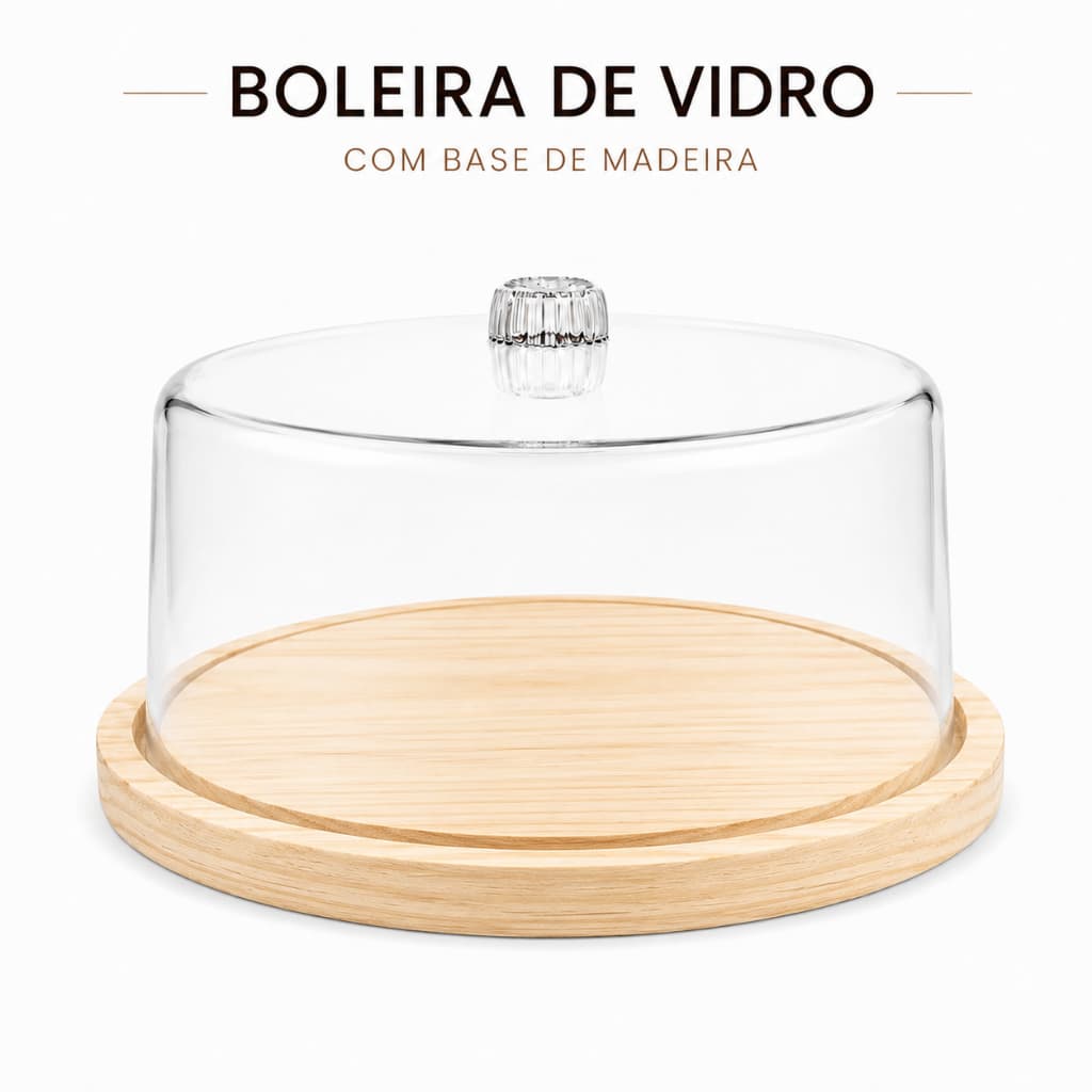 Boleira Grande de Madeira Natural Porta Bolos, Tortas e Pães com Tampa em Acrílico