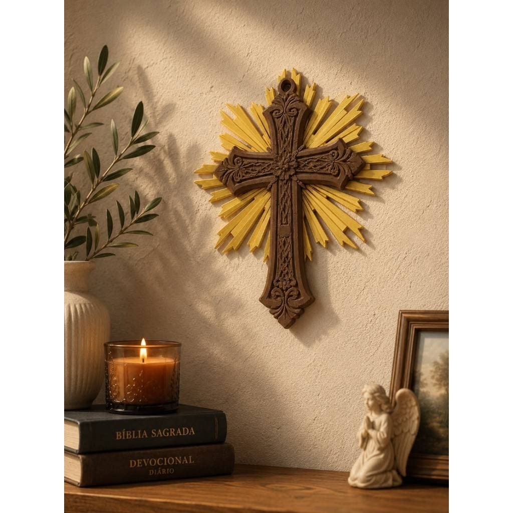 Crucifixo Decorativo 3D Com Resplendor Dourado Parede