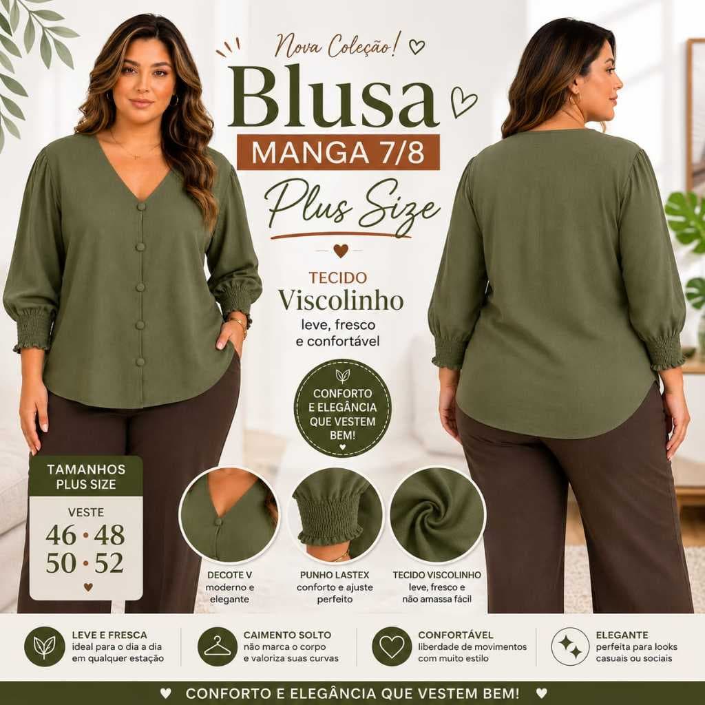 Blusa Feminina Plus Size Manga Longa Botões Elegante Moda Casual Social