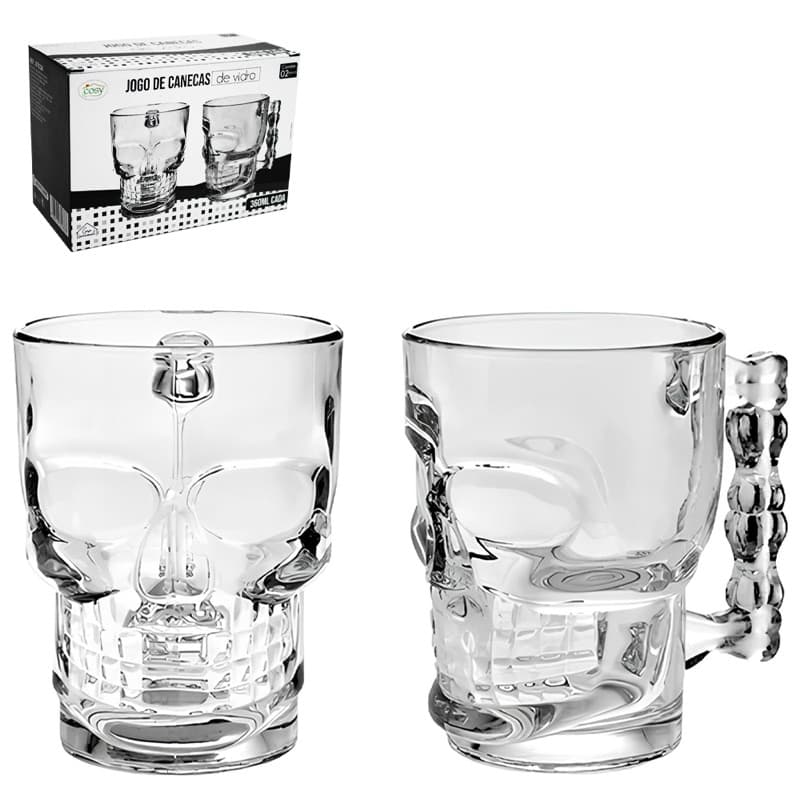 CANECA DE VIDRO CAVEIRA PARA CHOPP 360ML COM 2 PECAS CÓDIGO