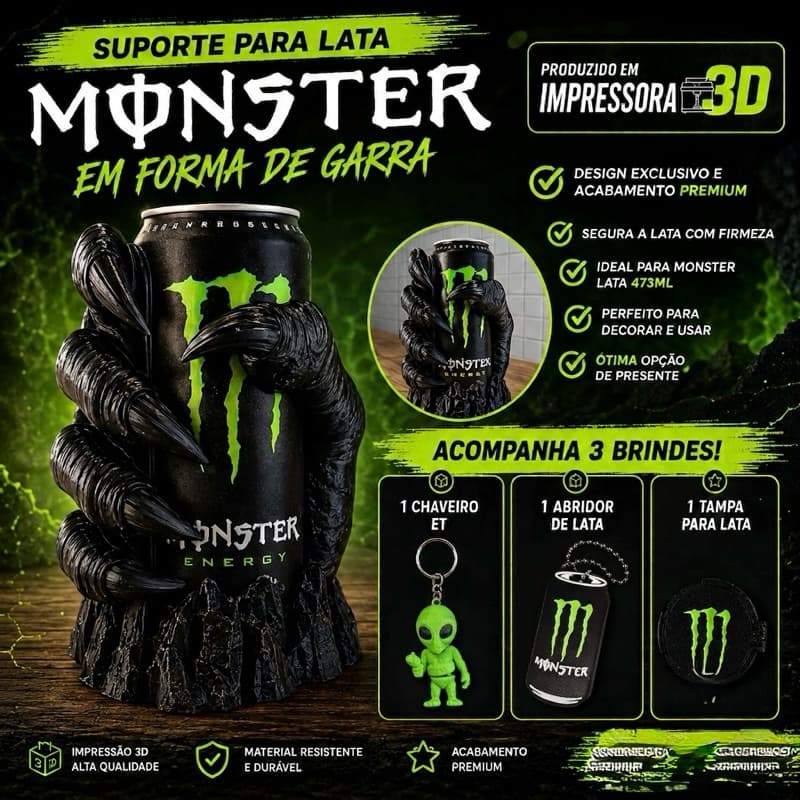 Suporte Para Lata Monster Garra 473ml Impresso Em 3D + Tampa + Chaveiro ET + Abridor | Presente Criativo
