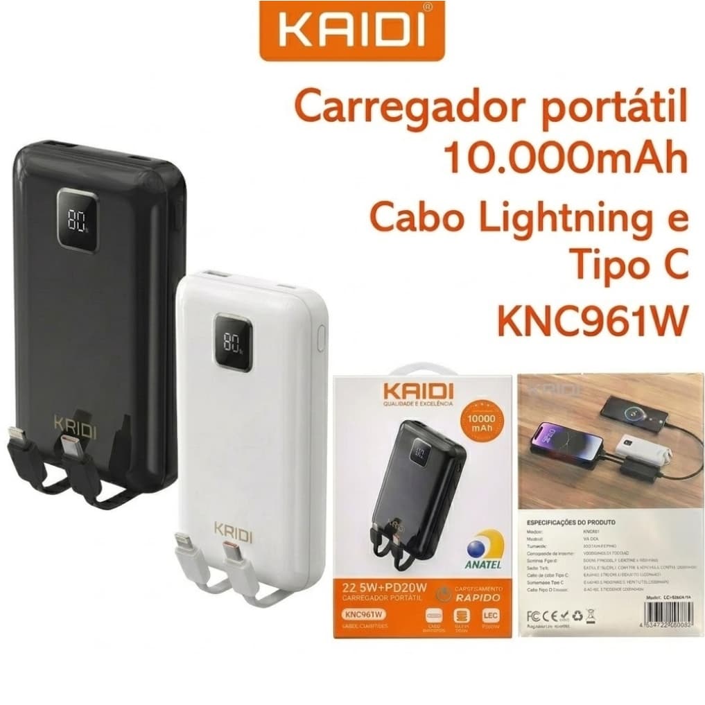 Carregador Portátil Power Bank Bateria 10000mah Kaidi Tela Visor Led KNC961w