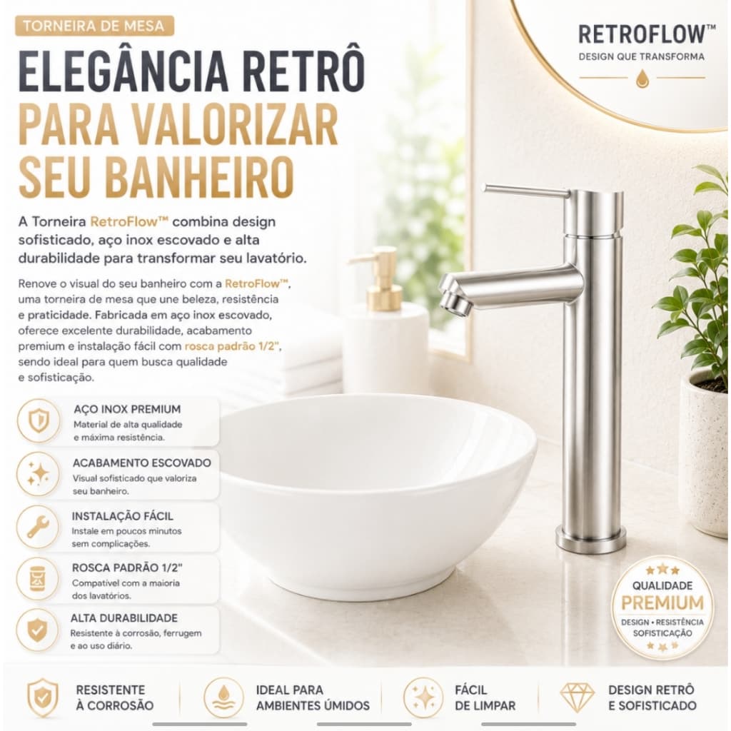 Torneira de Mesa Retrô para Lavatório em Aço Inox Escovado 22cm Rosca 1/2" Alta Durabilidade