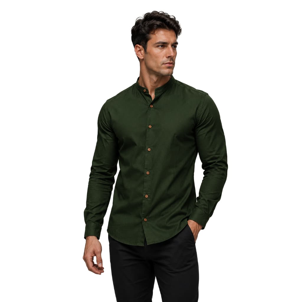 Camisa Social Gola Padre Verde Escuro Manga Longa De Linho