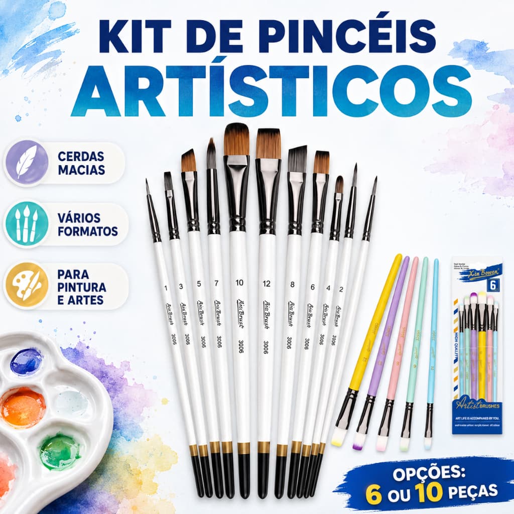 Kit de Pincéis Artísticos Cerdas Macias para Aquarela Guache Acrílica Óleo Tela e Artesanato