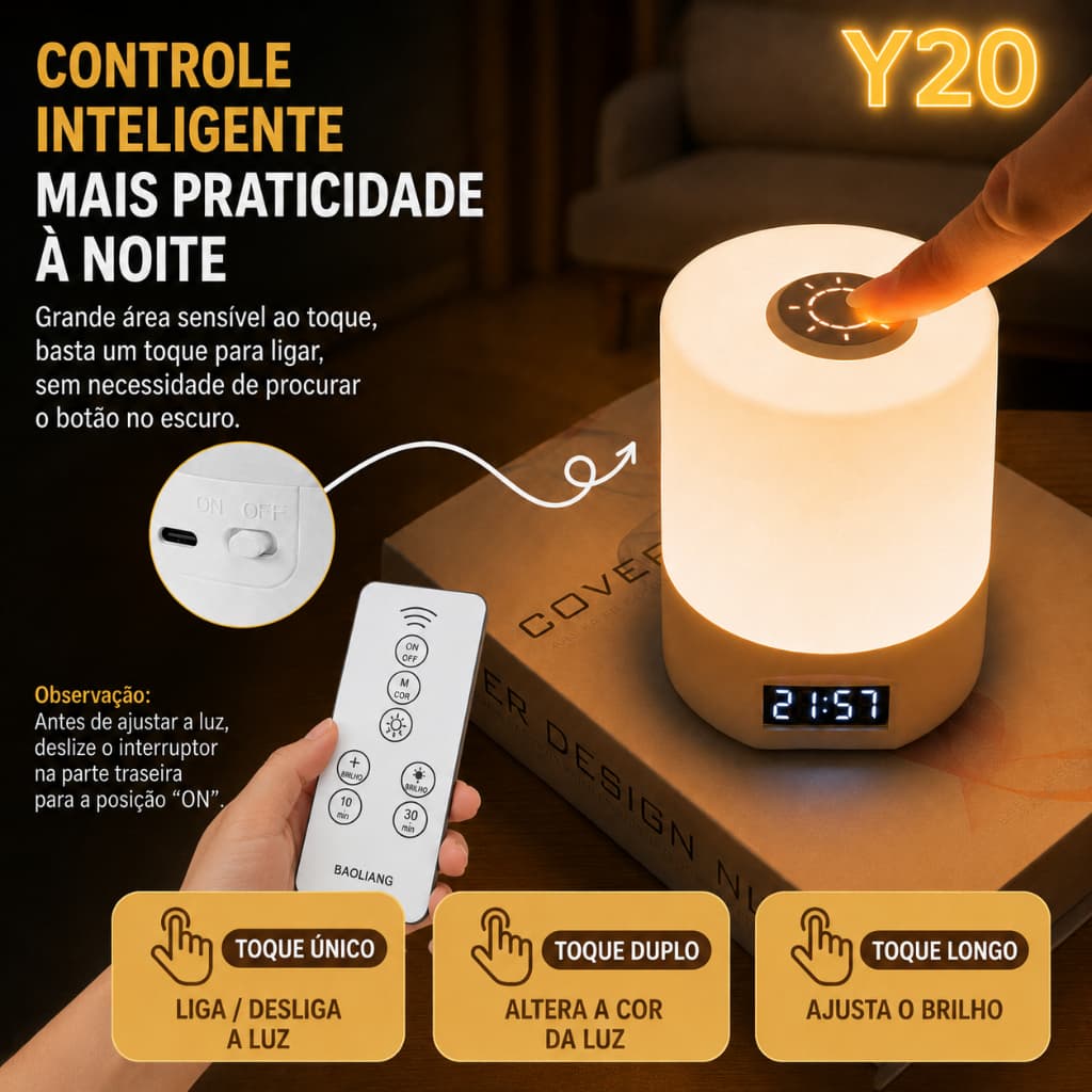 Abajur LED Touch Recarregável Luz Noturna USB com 3 Cores de Luz para Quarto e Mesa de Cabeceira