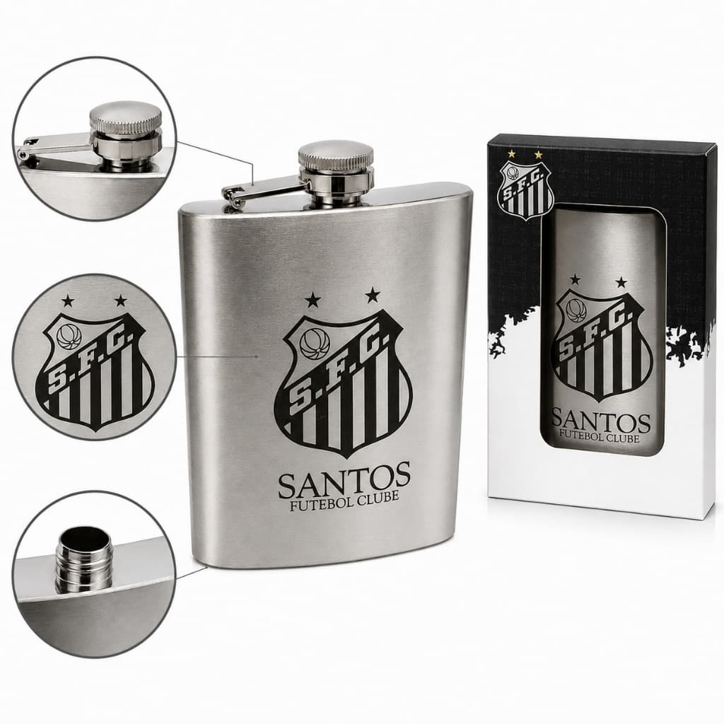 Cantil De Bolso Inox Santos Oficial Porta Bebida 220ml Time Peixe