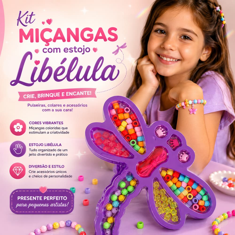 Kit de Miçangas Libélula Infantil – Mais de 100 Peças p/ Criar Pulseiras e Colares | Criatividade | Presente p/ Menina