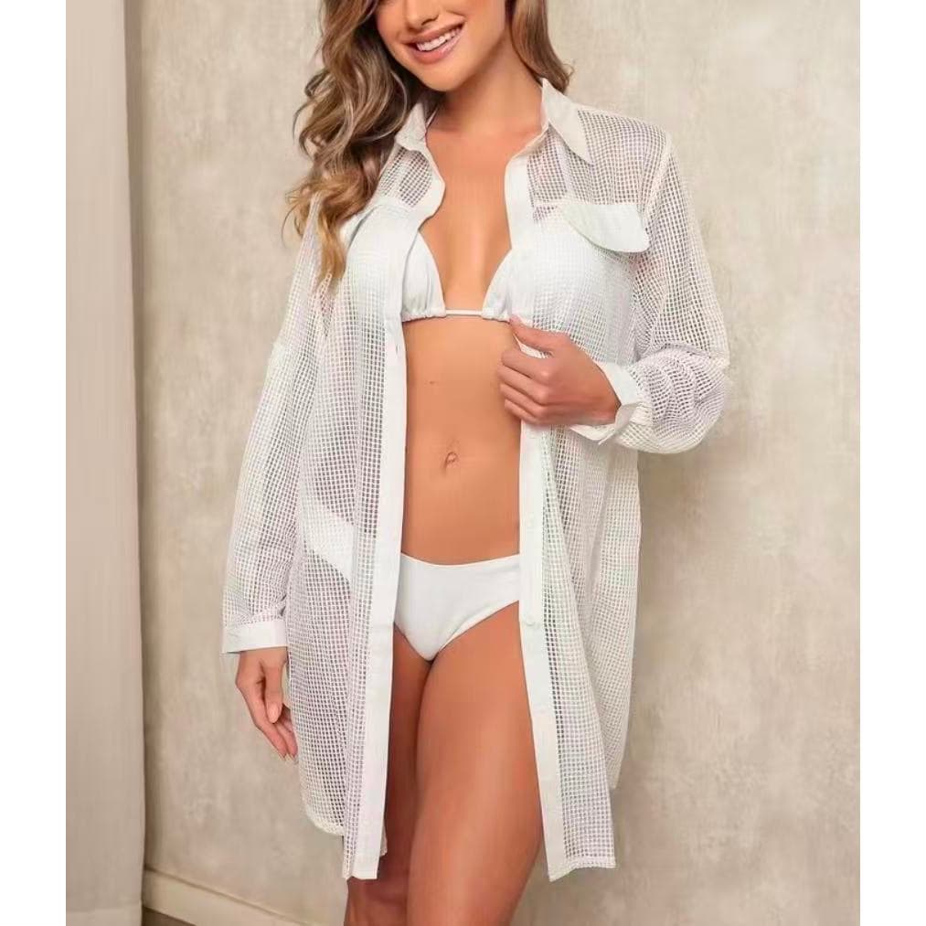 Saida de praia De Manga Longa, Camisão Saida de praia Manga Longa, Chemise Moda Praia Moda Verão-1850