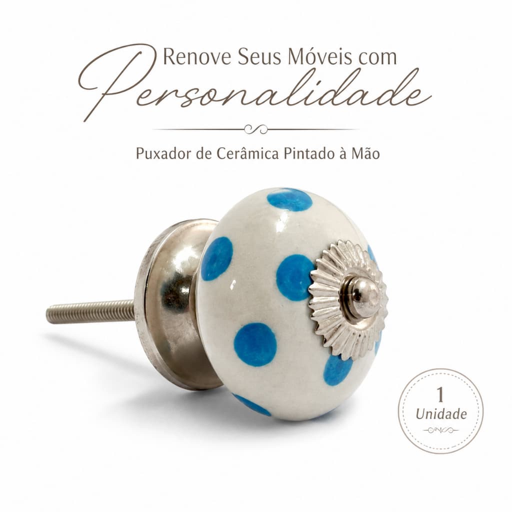 Puxador Decorativo Redondo Branco Azul Soft Cerâmica Metal