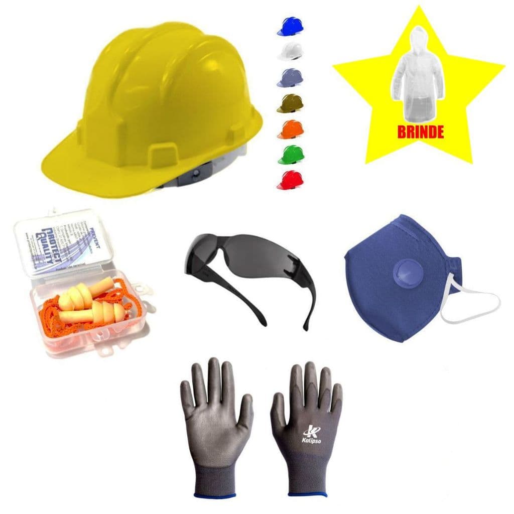 Kit Segurança Obra Pedreiro Capacete Abafador Óculos Máscara Luva Epi + BRlNDE