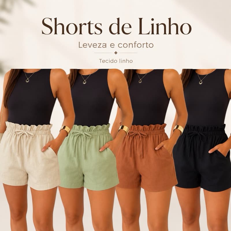 Shorts feminino em linho cintura alta soltinho fresco praia verão