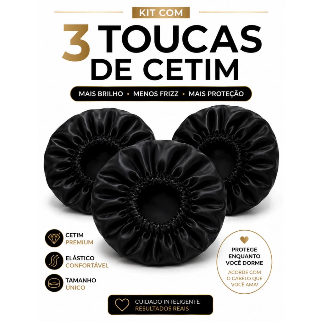Kit 3 Toucas de Cetim Preta para Dormir Antifrizz Proteção dos Cabelos Cacheados Lisos Crespos Ondulados