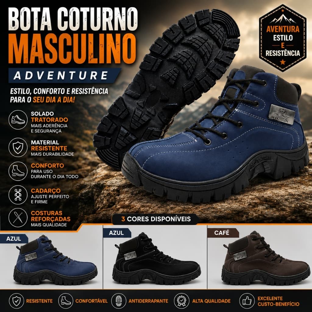 Bota Coturno Masculino Adventure Cano Médio Casual Tratorado Confortável Antiderrapante Resistente Dia a Dia Trabalho