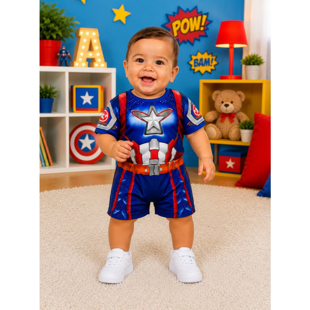 Fantasia Infantil Capitão América Macacão Baby Tecido Leve e Confortável Mesversario