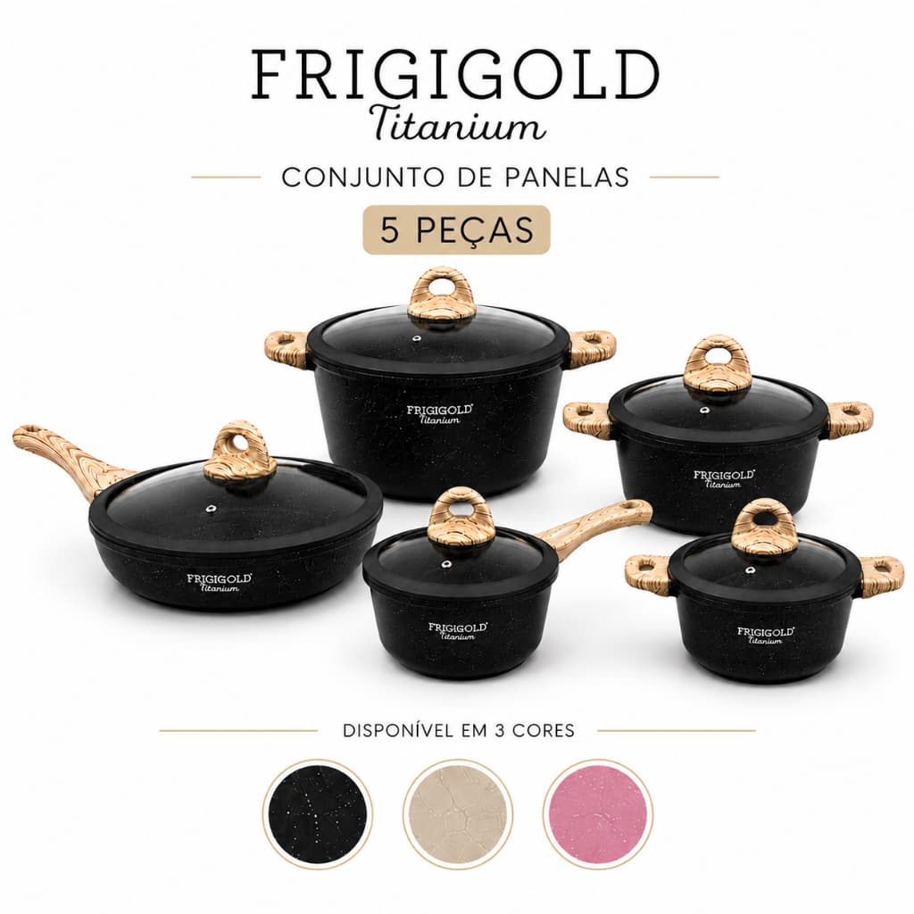 Conjunto de Panelas Frigigold Titanium 5 Peças Antiaderente Cerâmica Mármore Indução Cozinha Sem Óleo Premium