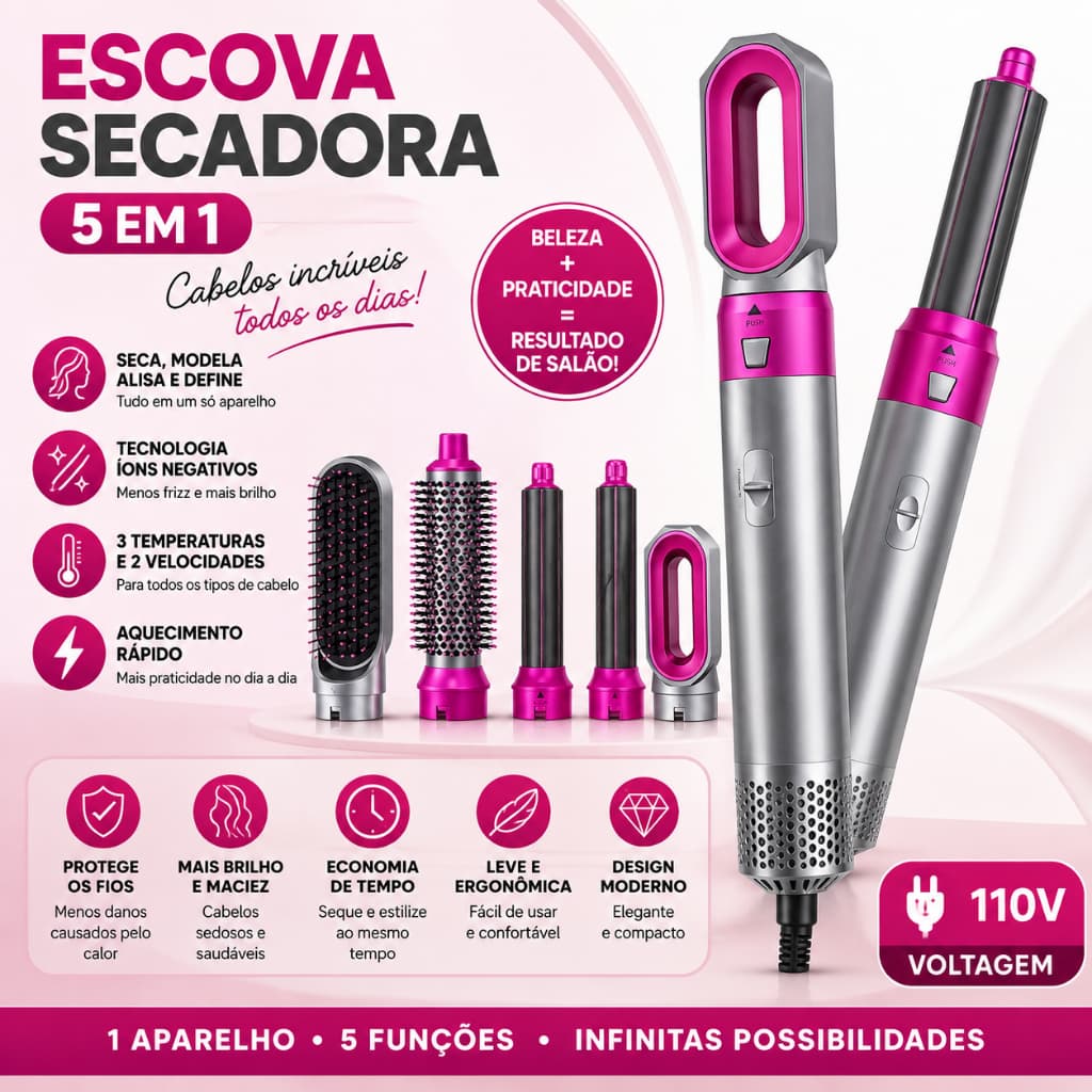 Escova Secadora 5 em 1 Multifuncional 110V Íons Anti Frizz Modelador Alisador Secador Cabelo AJ-G15-R
