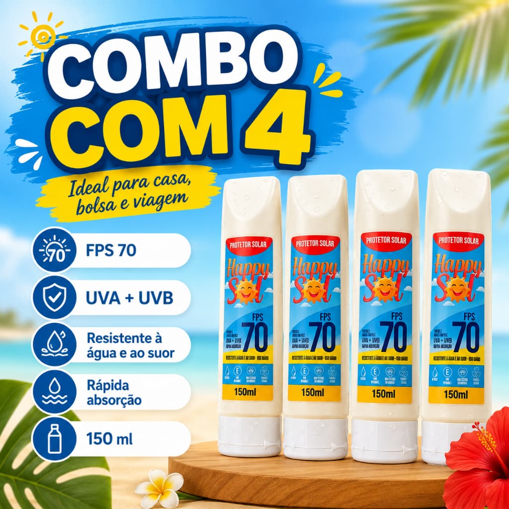 Combo 4 Protetores FPS 70 Happy Sol 150ml Não Oleoso Toque Seco Proteção Máxima UVA UVB