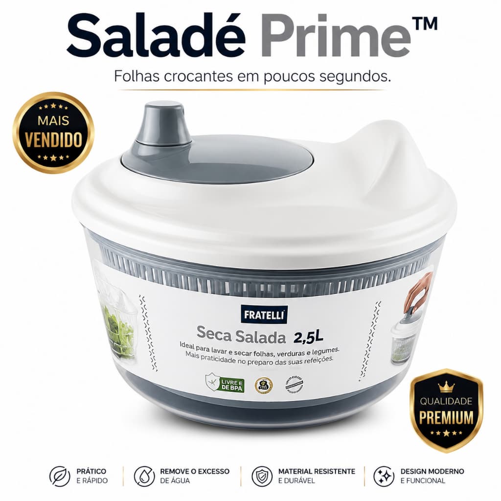 Secador de Salada 2,5L Centrífuga Manual Lava e Seca Folhas Verduras Alface Saladé Prime™
