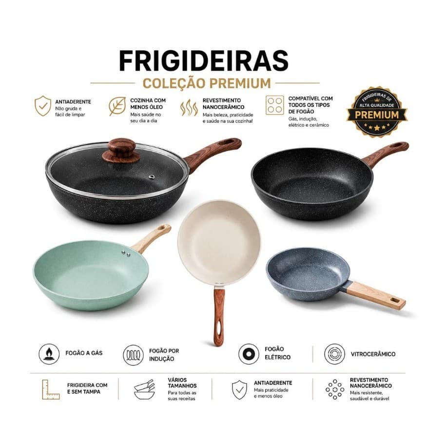 Frigideira Antiaderente Cerâmica Fogão A Gás Cooktop Indução Elétrico 18/20/22/24/28cm Premium