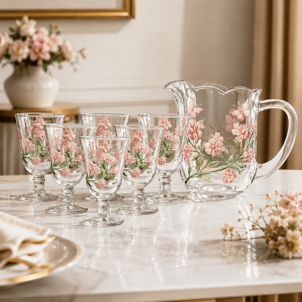 Jogo 7 peças jarra 1,5l + 6 taças 240ml Cristal Lys Hand Painting Luxo