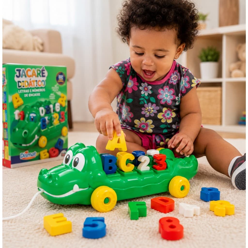 Brinquedo Jacaré Didático Infantil Letras e Números de Encaixe Dismat