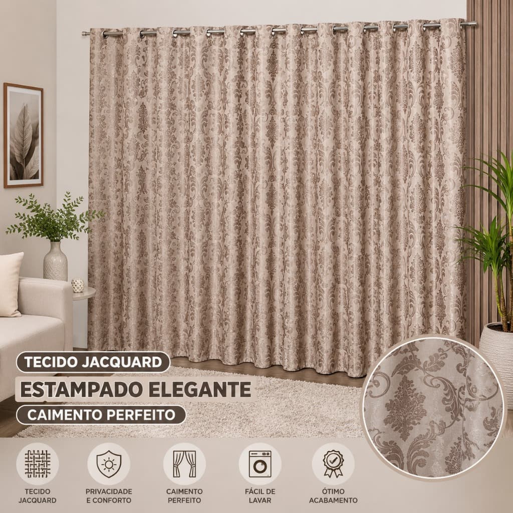 Cortina Jacquard Premium 3,00x2,80 Sala Quarto Estampada Luxo com Ilhós