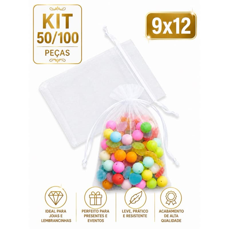 Kit 50,100 Saquinho Saco Organza 9x12  Branco Lembrancinha Joia