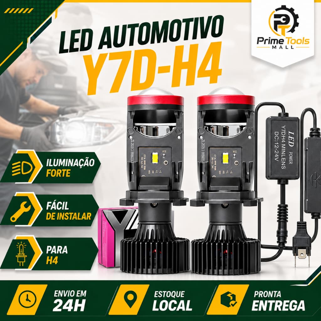 2PC Faróis LED Y7 H4 180W 30000LM - Projetor Mini 6500K Alto/Baixo - Compatível Carros/Motos