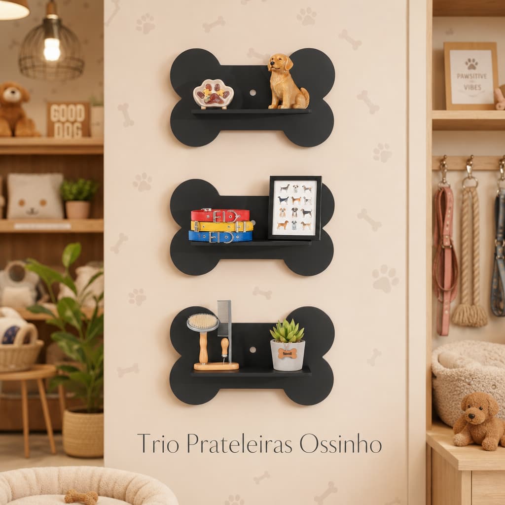 Kit 3 Prateleiras Pet Ossinho MDF | Nicho Decorativo Cachorro | Prateleira Parede Pet Shop Quarto Sala