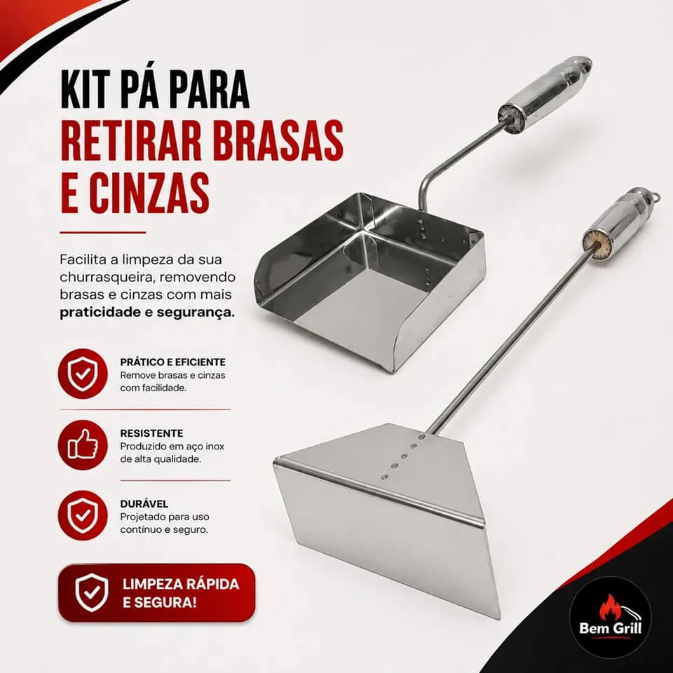 Kit Limpeza Churrasqueira Pá de Cinzas E Rastelo Manopla Térmica Resistente Praticidade Profissional