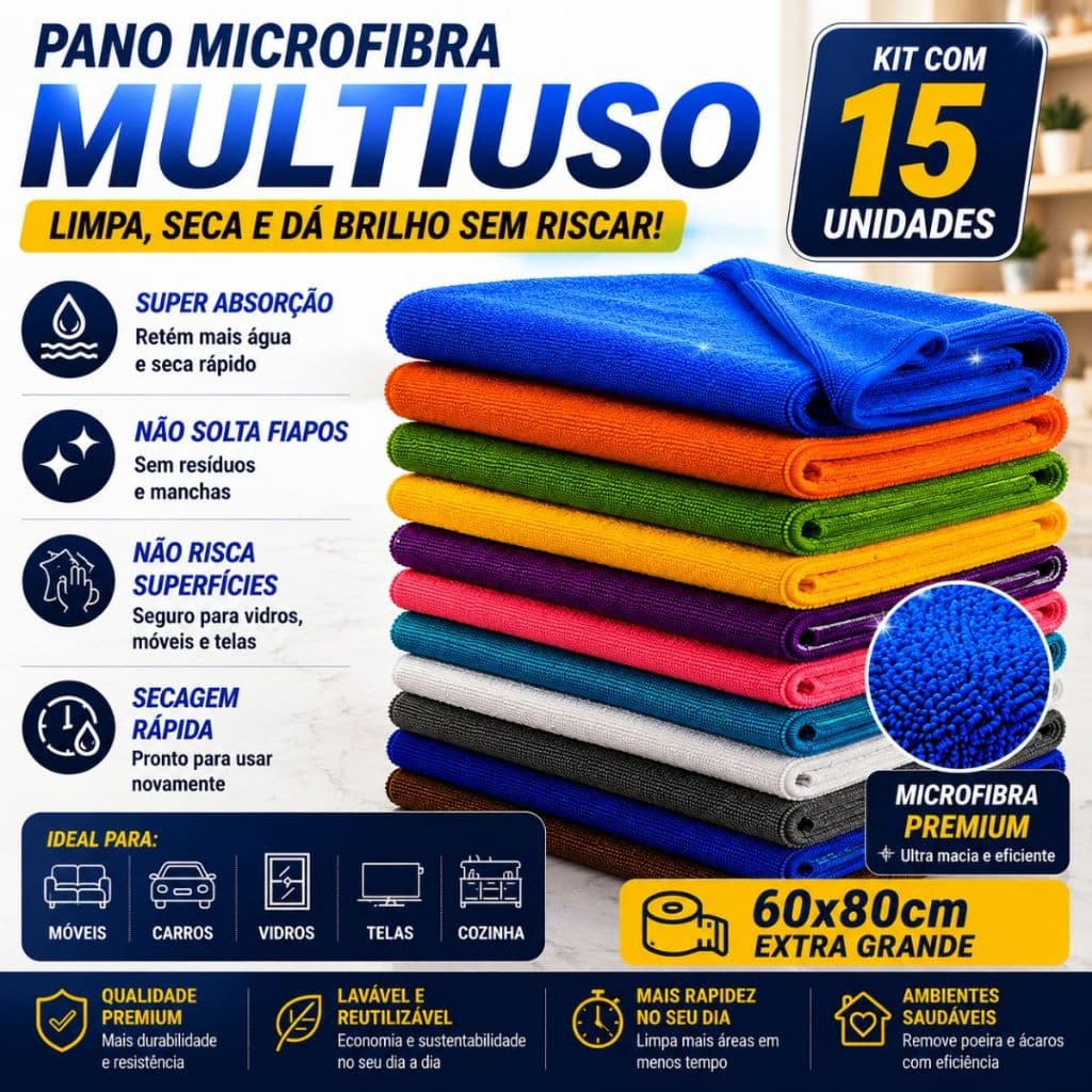 Panos De Chão Grandes Em Microfibra 80x60 Kit 15 Atacado Cor Sortida Neves
