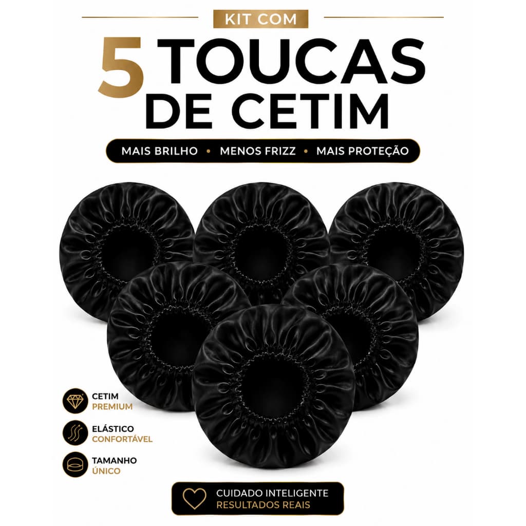 Kit 5 Toucas de Cetim Pretas para Dormir Antifrizz Proteção Capilar Cabelos Lisos Cacheados Crespos Ondulados