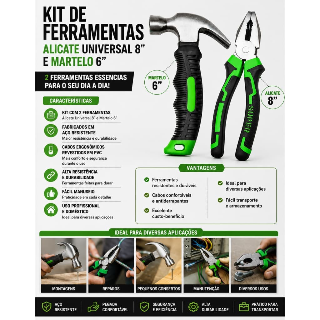 Kit Jogo De Ferramentas Alicate Universal 8'' e Mini Martelo 6''