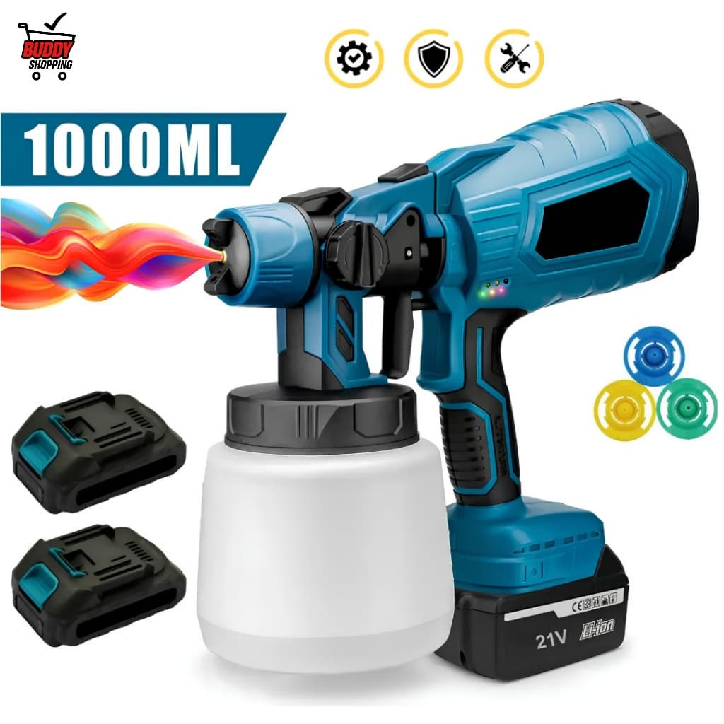 Pistola de Pintura a Bateria 21V Pulverizador Elétrico com 2 Baterias Recipiente 1000ml
