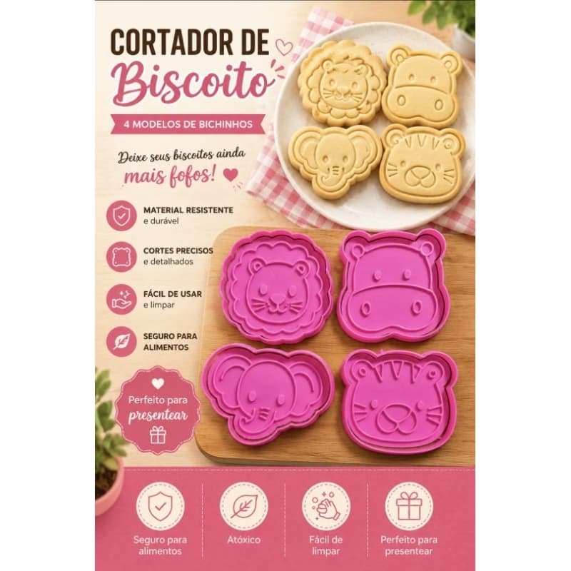 Kit Cortadores de Biscoito 3D – Animais Safari | Leão, Elefante, Hipopótamo e Tigre