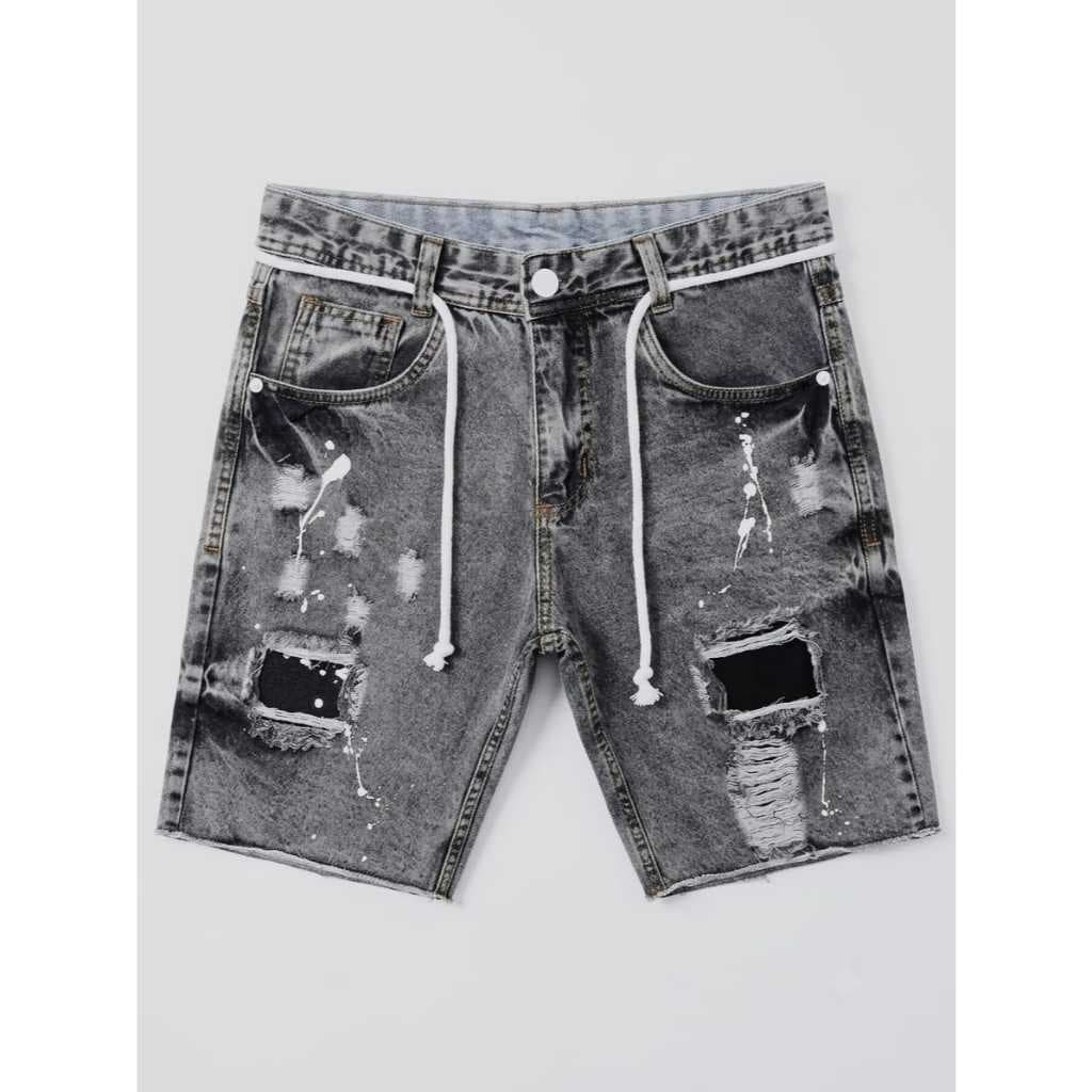 Short Jeans Jogador Masculino Cinza Destroyed com Cordão na Cintura Casual Premium