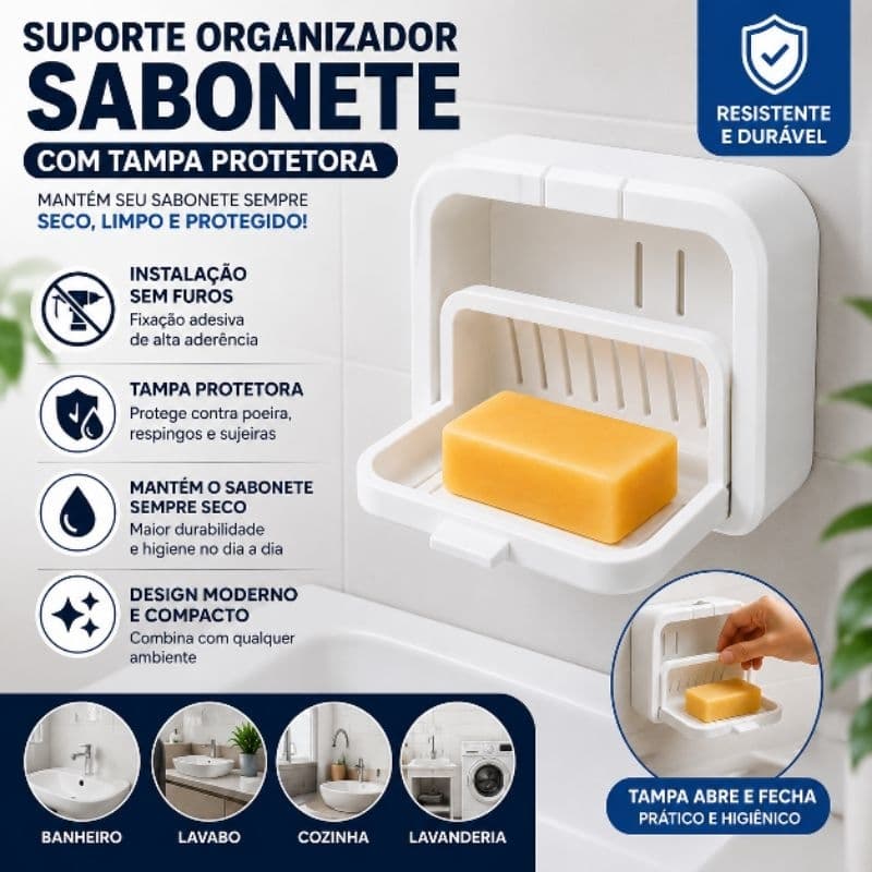 Suporte Organizador Sabonete Com Tampa Protetora Branco Porta Sabonete Parede Sem Furos Banheiro Lavanderia Cozinha